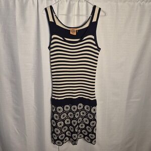 TORY BURCH  Blue Ribbed Striped Crocheted Trim Sleeveless Rounded Neck SM Dress